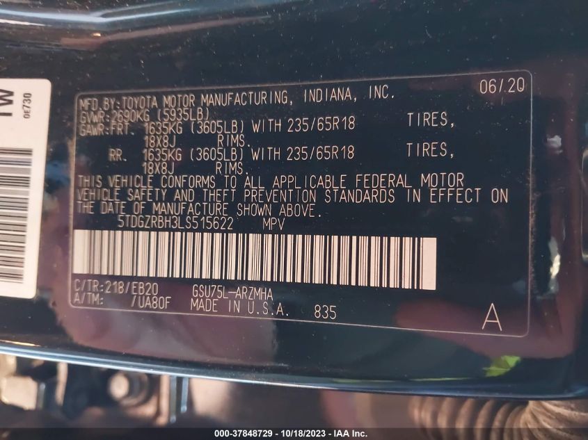 2020 TOYOTA HIGHLANDER XLE - 5TDGZRBH3LS515622