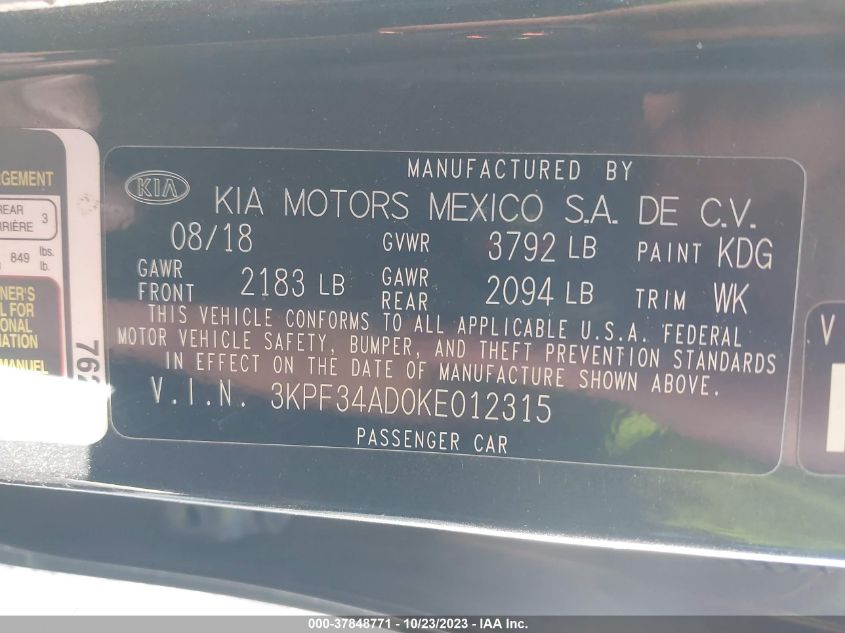 2019 KIA FORTE GT LINE/S - 3KPF34AD0KE012315