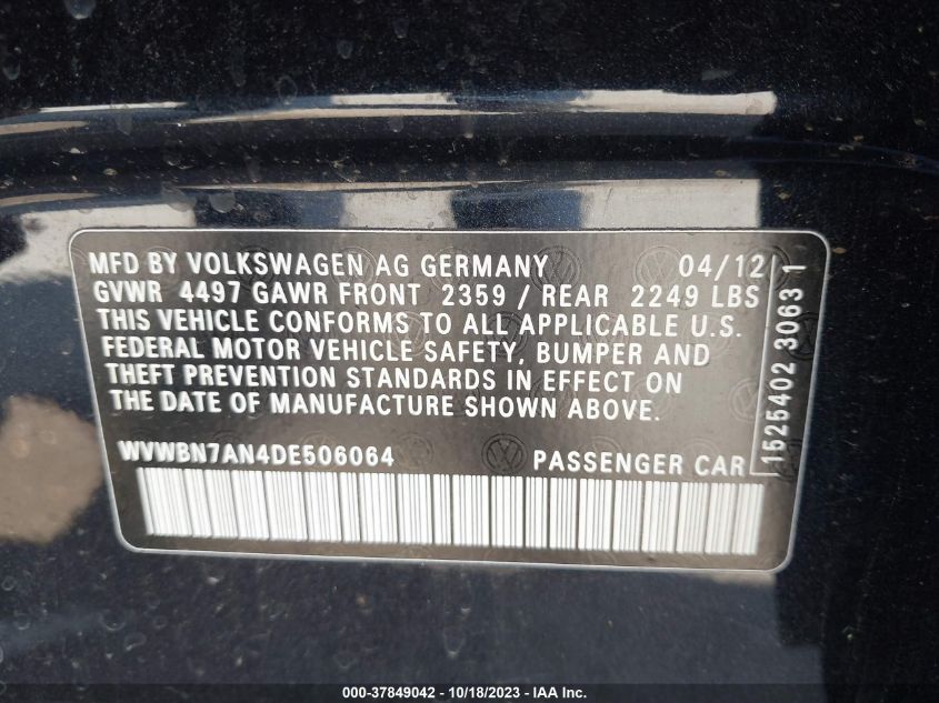 2013 VOLKSWAGEN CC SPORT - WVWBN7AN4DE506064