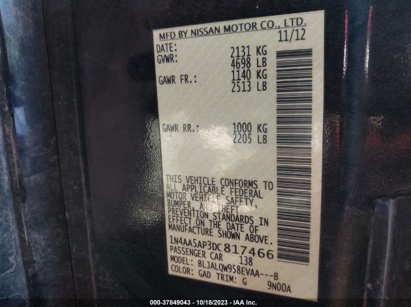 2013 NISSAN MAXIMA S/SV - 1N4AA5AP3DC817466