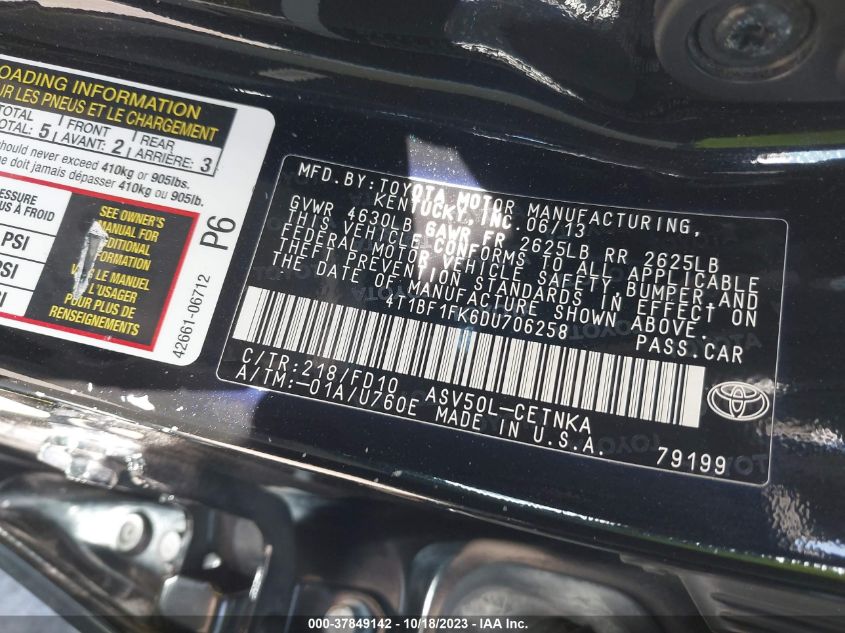 2013 TOYOTA CAMRY L/SE/LE/XLE - 4T1BF1FK6DU706258