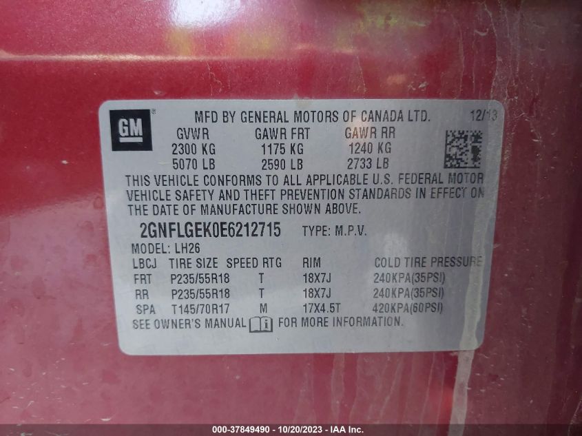 2014 CHEVROLET EQUINOX LT - 2GNFLGEK0E6212715