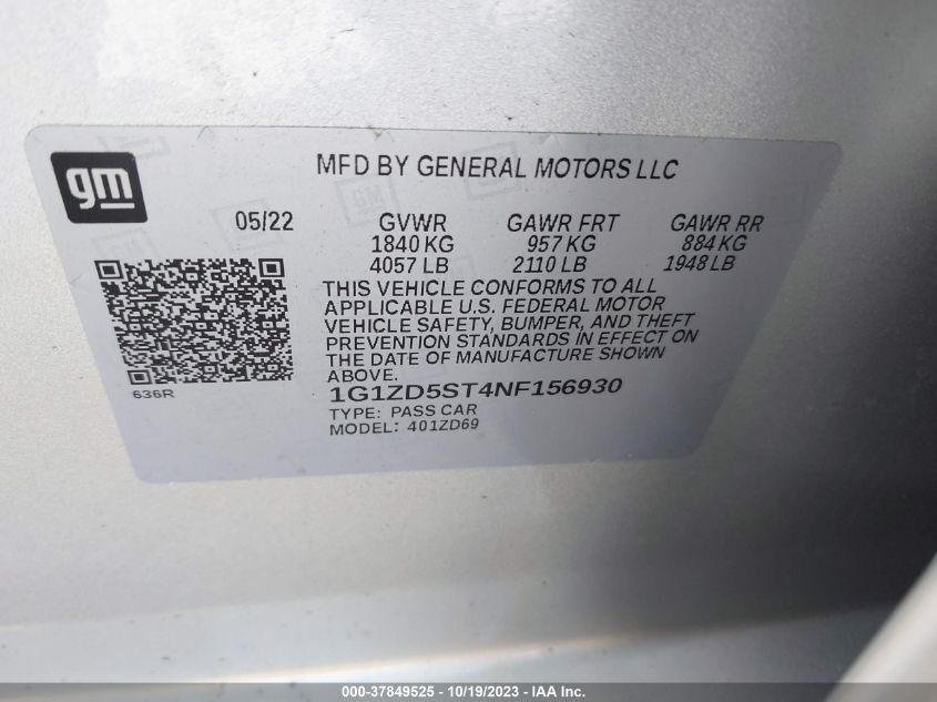 VIN 1G1ZD5ST4NF156930 2022 CHEVROLET MALIBU LT
