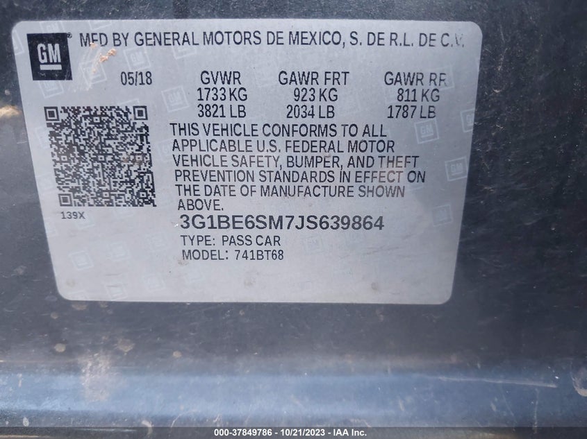 VIN 3G1BE6SM7JS639864 2018 CHEVROLET CRUZE LT