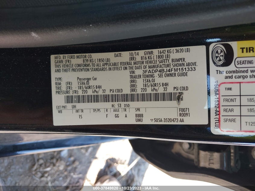 2015 FORD FIESTA VIN: 3FADP4BJ4FM151333
