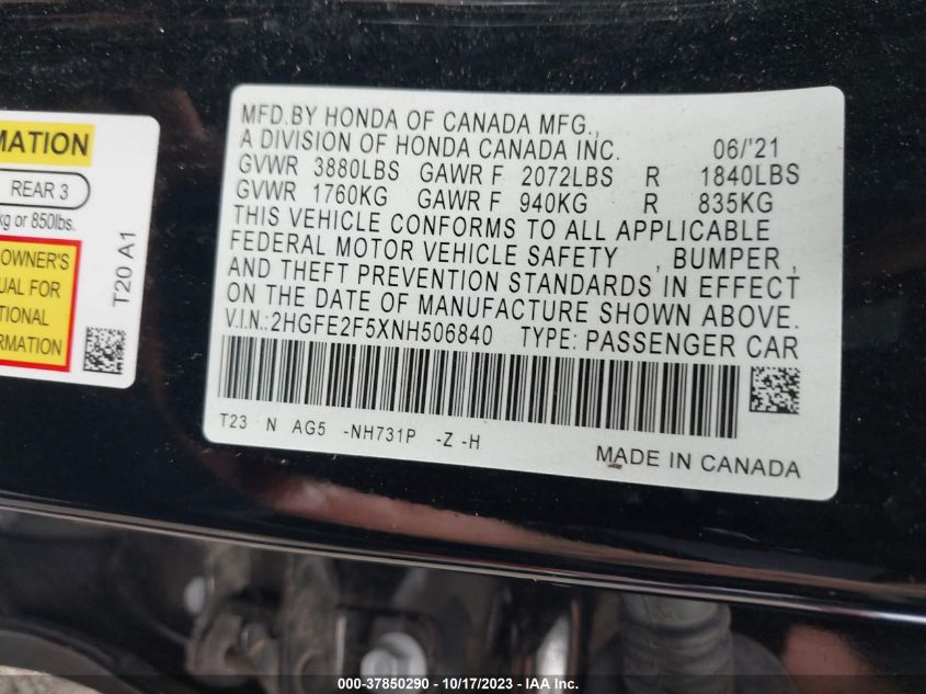 2HGFE2F5XNH506840 Honda Civic Sedan SPORT 9