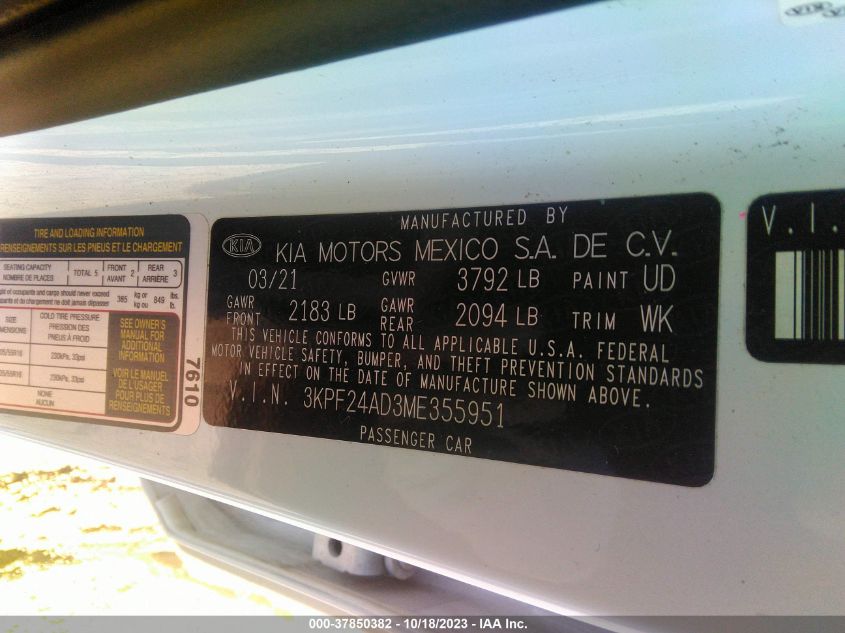 2021 KIA FORTE LXS - 3KPF24AD3ME355951