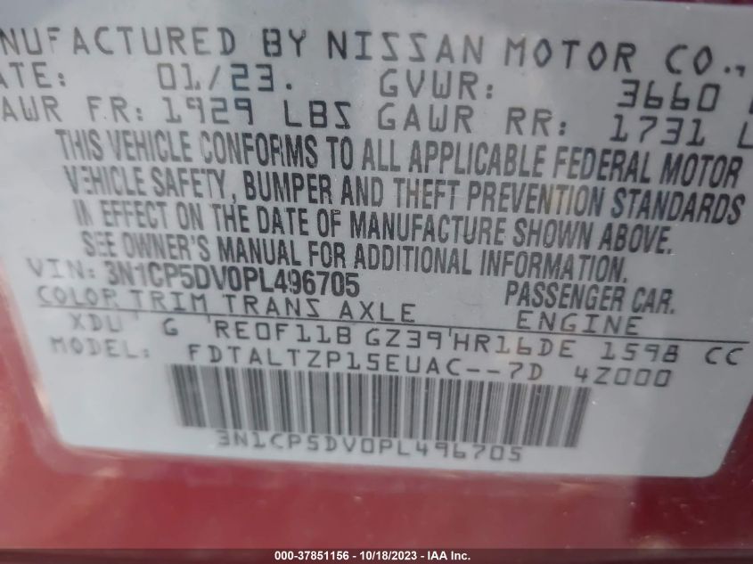 VIN 3N1CP5DV0PL496705 2023 NISSAN KICKS SR