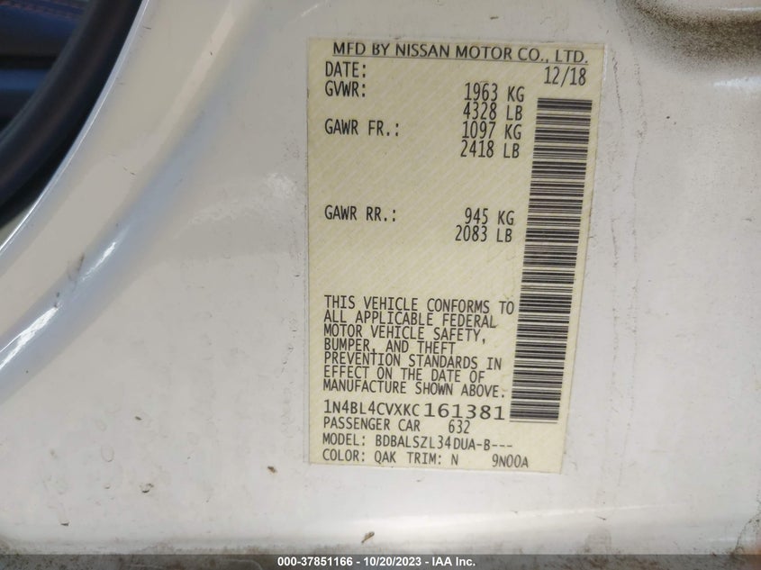 VIN 1N4BL4CVXKC161381 2019 NISSAN ALTIMA SR