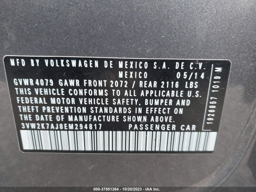 2014 VOLKSWAGEN JETTA SEDAN S 3VW2K7AJ8EM294817