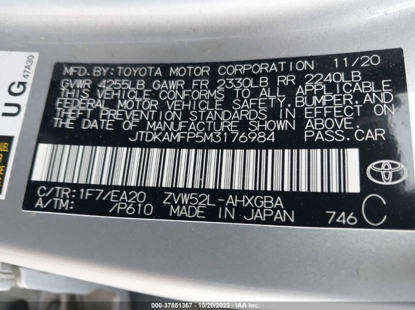 2021 TOYOTA PRIUS PRIME LIMITED - JTDKAMFP5M3176984