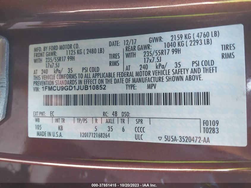 2018 FORD ESCAPE SE - 1FMCU9GD1JUB10852