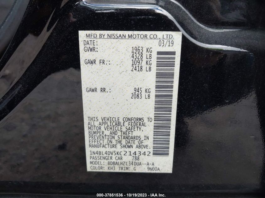 2019 NISSAN ALTIMA 2.5 SV - 1N4BL4DV5KC214342