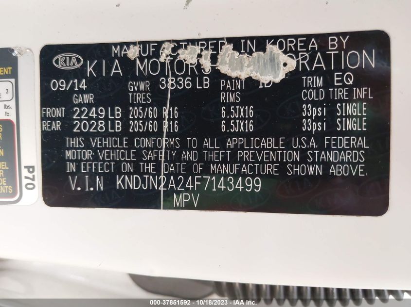 2015 KIA SOUL BASE - KNDJN2A24F7143499