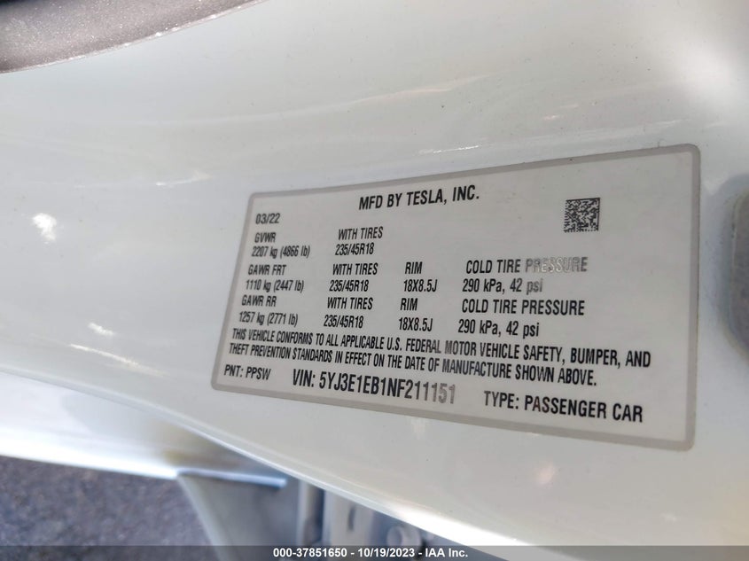 VIN 5YJ3E1EB1NF211151 2022 TESLA MODEL 3 LONG RANGE