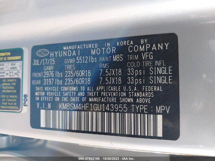 2016 HYUNDAI SANTA FE SE - KM8SM4HF1GU143955