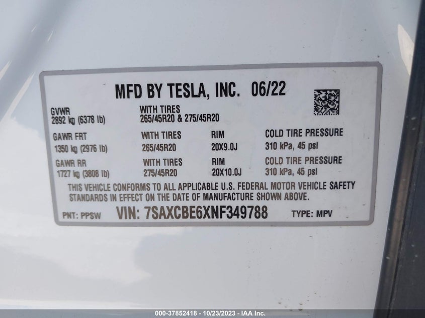 VIN 7SAXCBE6XNF349788 2022 TESLA MODEL X