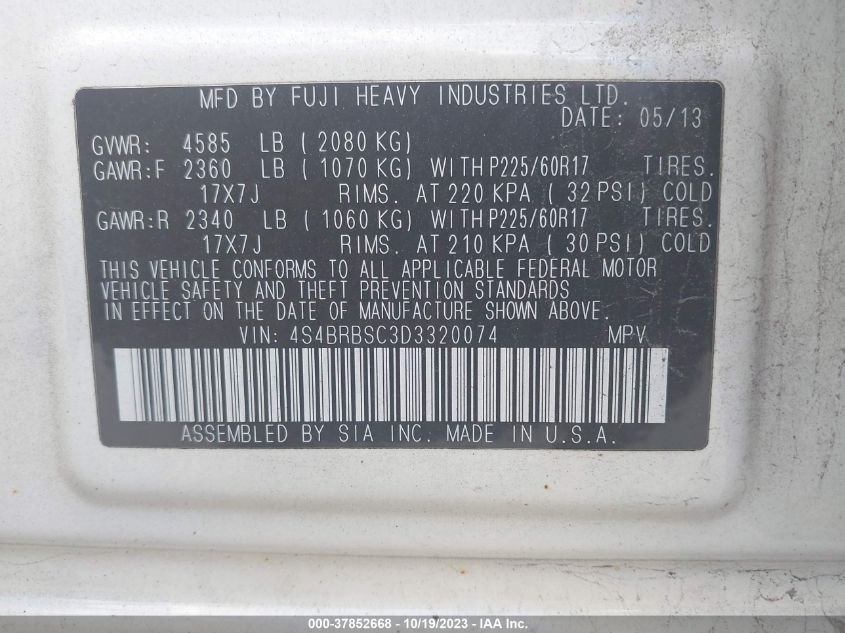 2013 SUBARU OUTBACK 2.5I LIMITED - 4S4BRBSC3D3320074