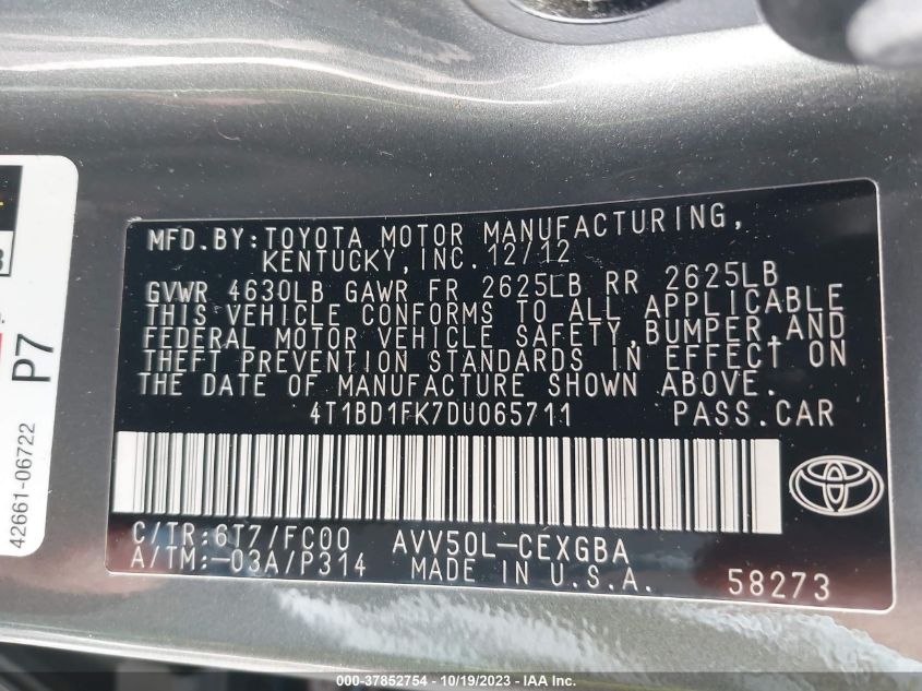 2013 TOYOTA CAMRY HYBRID LE/XLE - 4T1BD1FK7DU065711