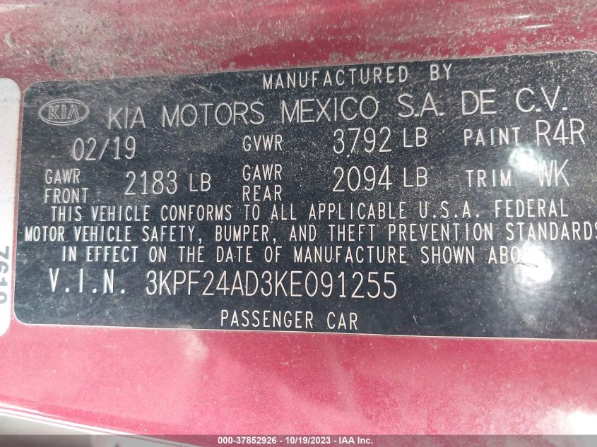 2019 KIA FORTE FE/LX/LXS - 3KPF24AD3KE091255
