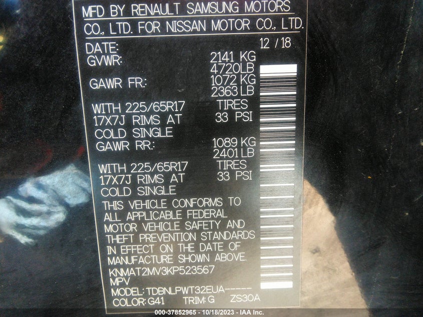 VIN KNMAT2MV3KP523567 2019 NISSAN ROGUE S/SV