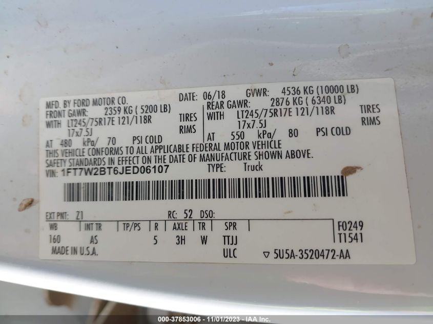 2018 FORD F250 SUPER DUTY - 1FT7W2BT6JED06107
