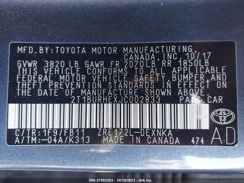 VIN 2T1BURHEXJC002833 2018 TOYOTA COROLLA L/LE/XLE/SE/XSE