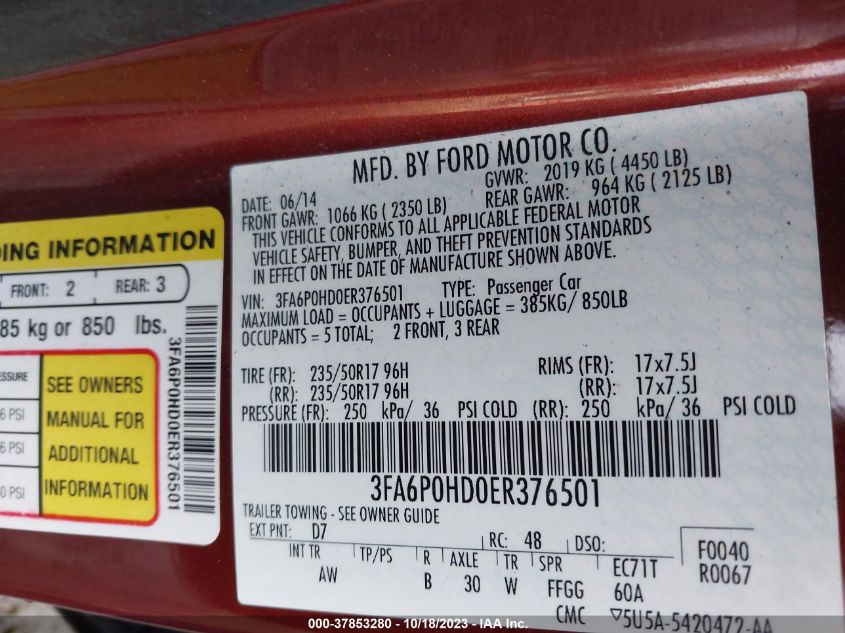 2014 FORD FUSION SE - 3FA6P0HD0ER376501