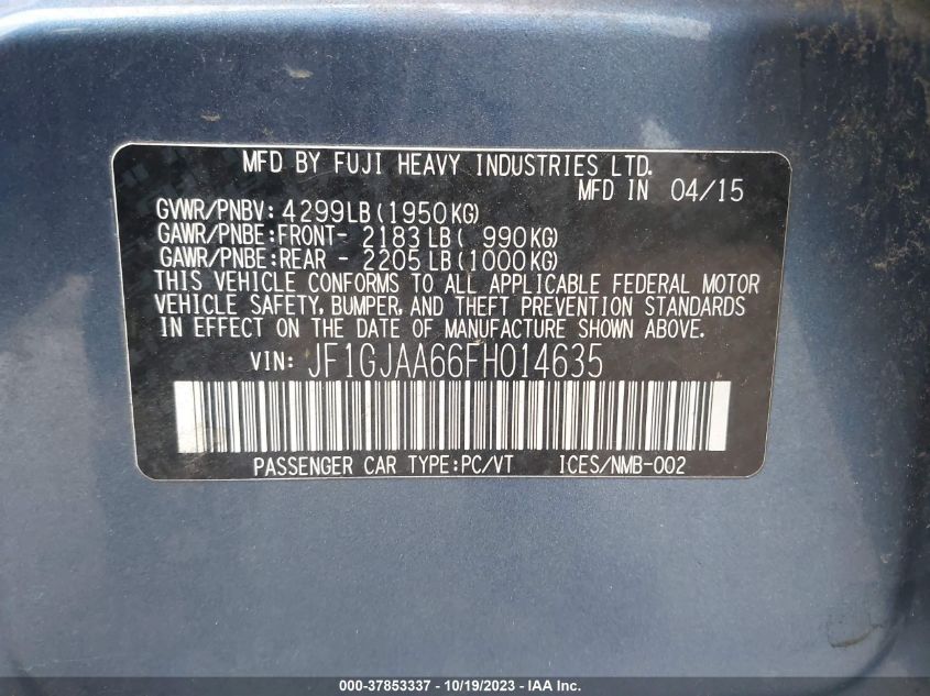 2015 SUBARU IMPREZA SEDAN JF1GJAA66FH014635