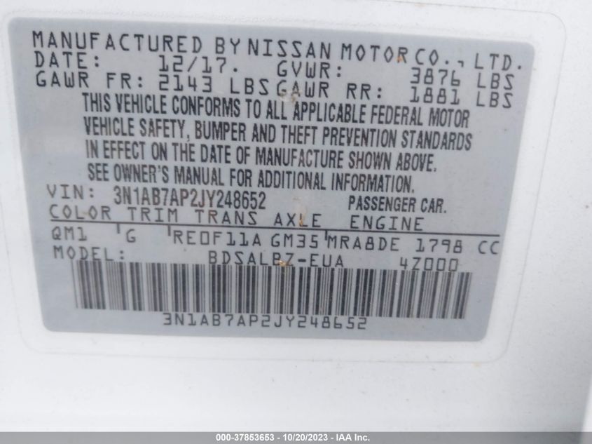 VIN 3N1AB7AP2JY248652 2018 NISSAN SENTRA S