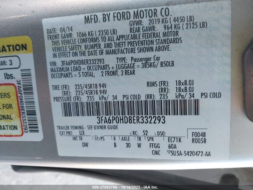 2014 FORD FUSION SE - 3FA6P0HD8ER332293