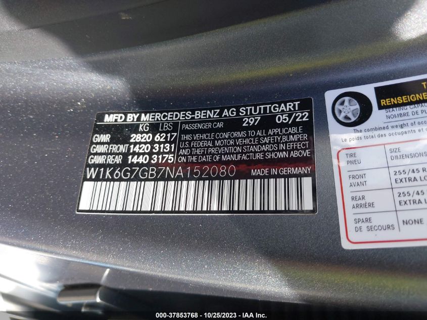 W1K6G7GB7NA152080 | 2022 MERCEDES-BENZ S 580