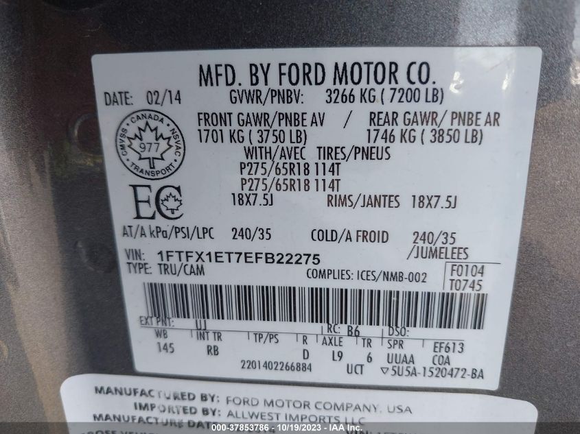 VIN 1FTFX1ET7EFB22275 2014 FORD F-150 no.9