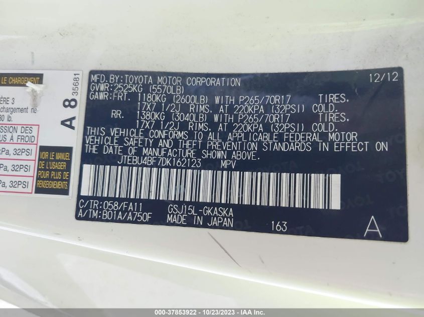 2013 TOYOTA FJ CRUISER JTEBU4BF7DK162123