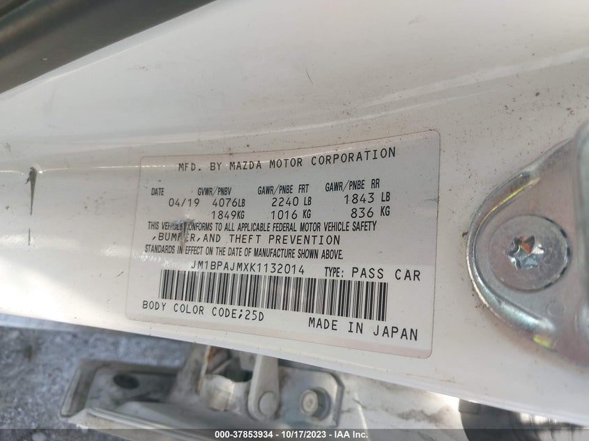 VIN JM1BPAJMXK1132014 2019 MAZDA MAZDA3 HATCHBACK