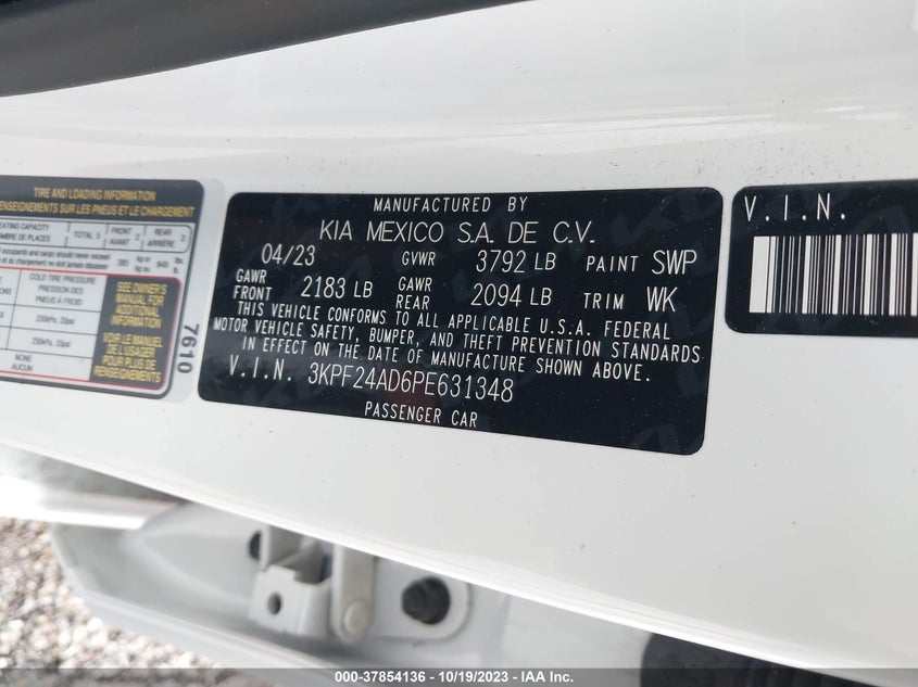 VIN 3KPF24AD6PE631348 2023 KIA FORTE LX/LXS