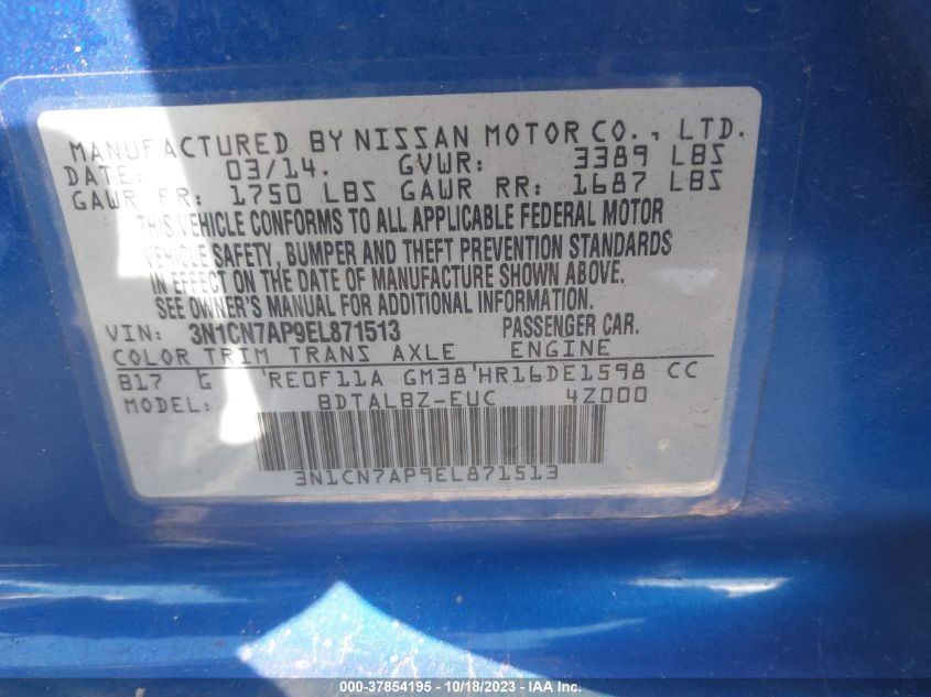 2014 NISSAN VERSA SV - 3N1CN7AP9EL871513