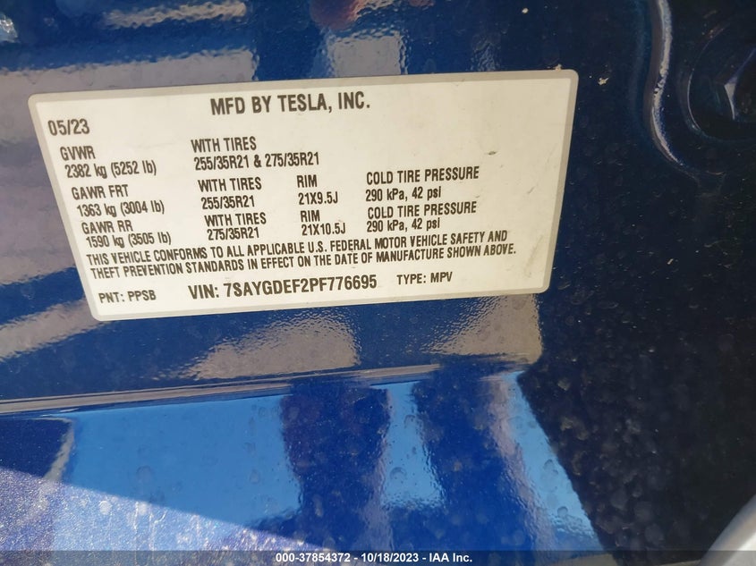 VIN 7SAYGDEF2PF776695 2023 TESLA MODEL Y