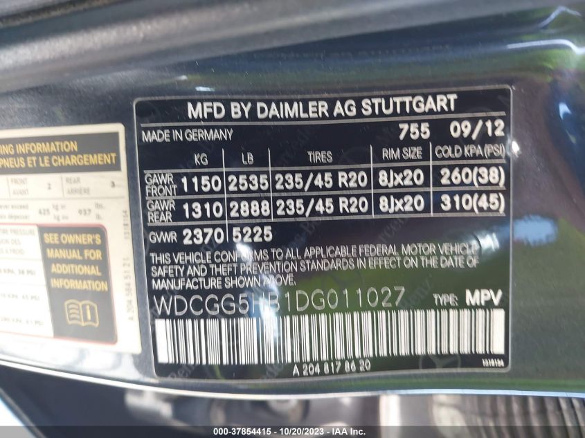 2013 MERCEDES-BENZ GLK 350 WDCGG5HB1DG011027