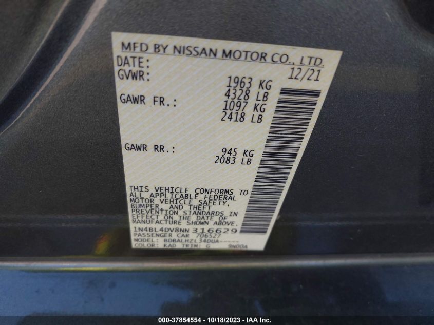 VIN 1N4BL4DV8NN316629 2022 NISSAN ALTIMA SV