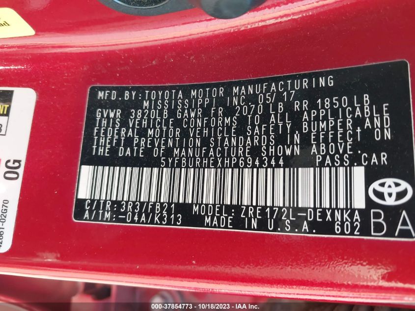 2017 TOYOTA COROLLA L/LE/XLE/SE/XSE - 5YFBURHEXHP694344
