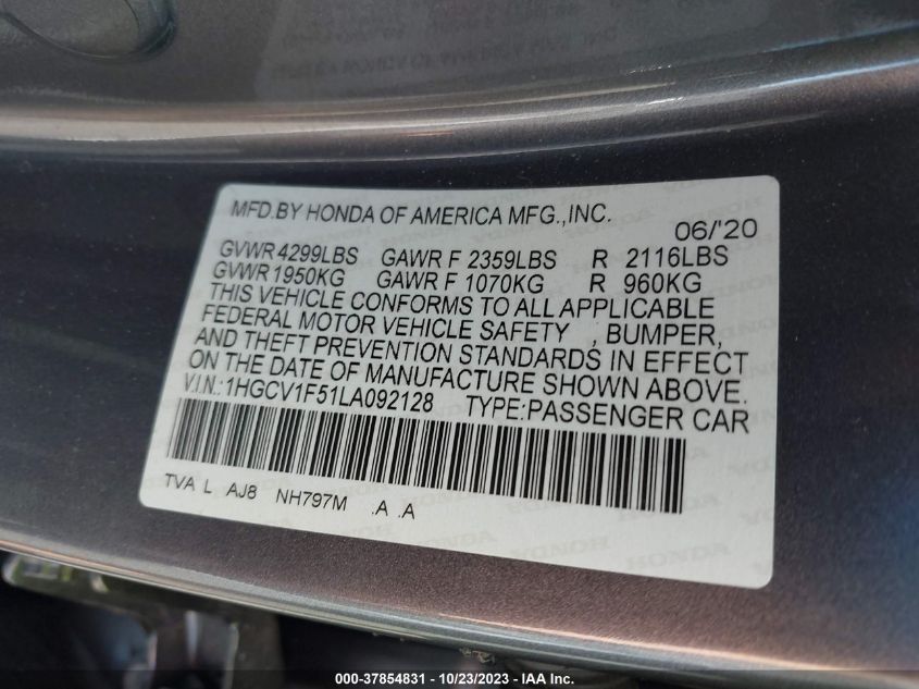 2020 HONDA ACCORD EX-L - 1HGCV1F51LA092128