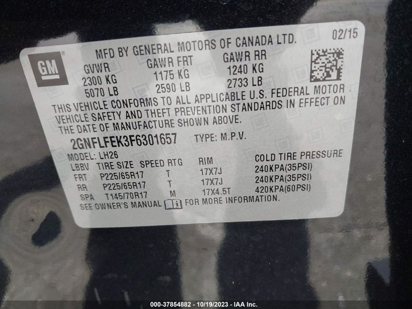 2015 CHEVROLET EQUINOX LT - 2GNFLFEK3F6301657