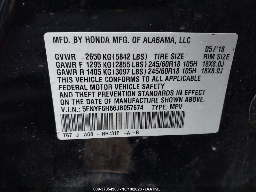 2018 HONDA PILOT EX-L - 5FNYF6H66JB057674