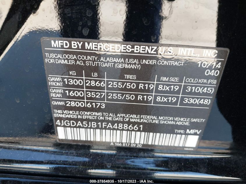 2015 MERCEDES-BENZ ML 350 4JGDA5JB1FA488661