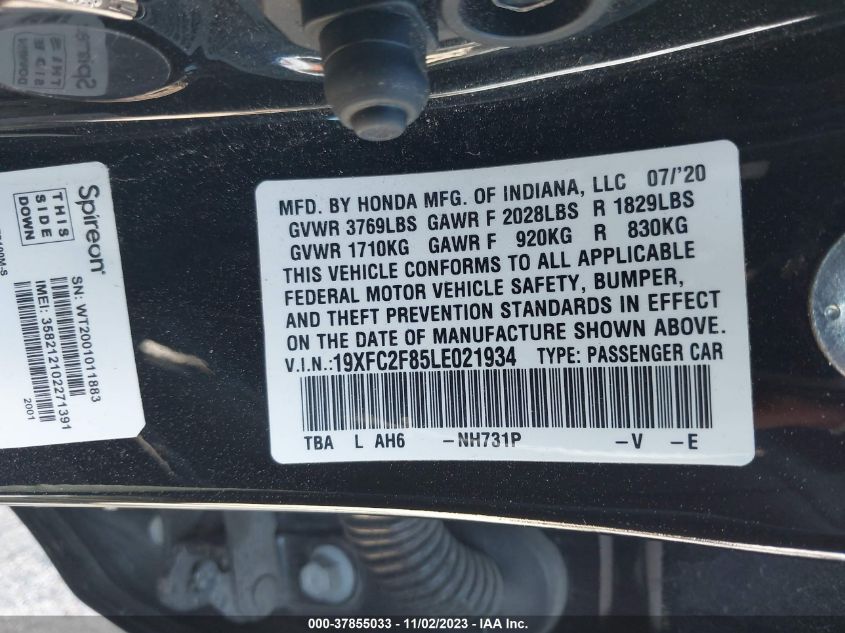 2020 HONDA CIVIC SEDAN SPORT - 19XFC2F85LE021934