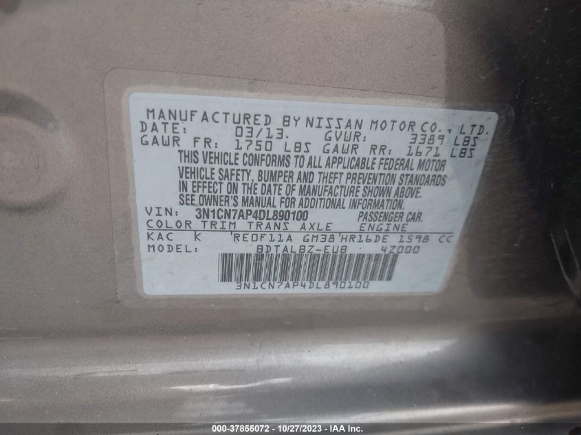 2013 NISSAN VERSA SV - 3N1CN7AP4DL890100