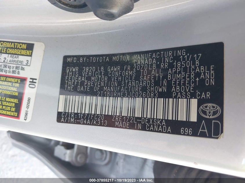 VIN 2T1BURHE3JC026083 2018 TOYOTA COROLLA L/LE/XLE/SE/XSE