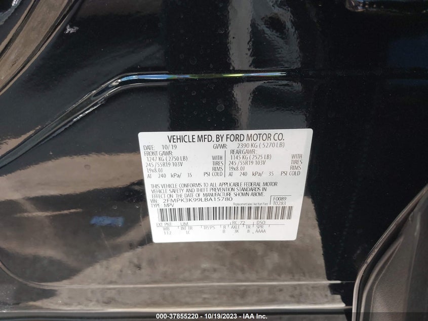 VIN 2FMPK3K99LBA15780 2020 FORD EDGE TITANIUM