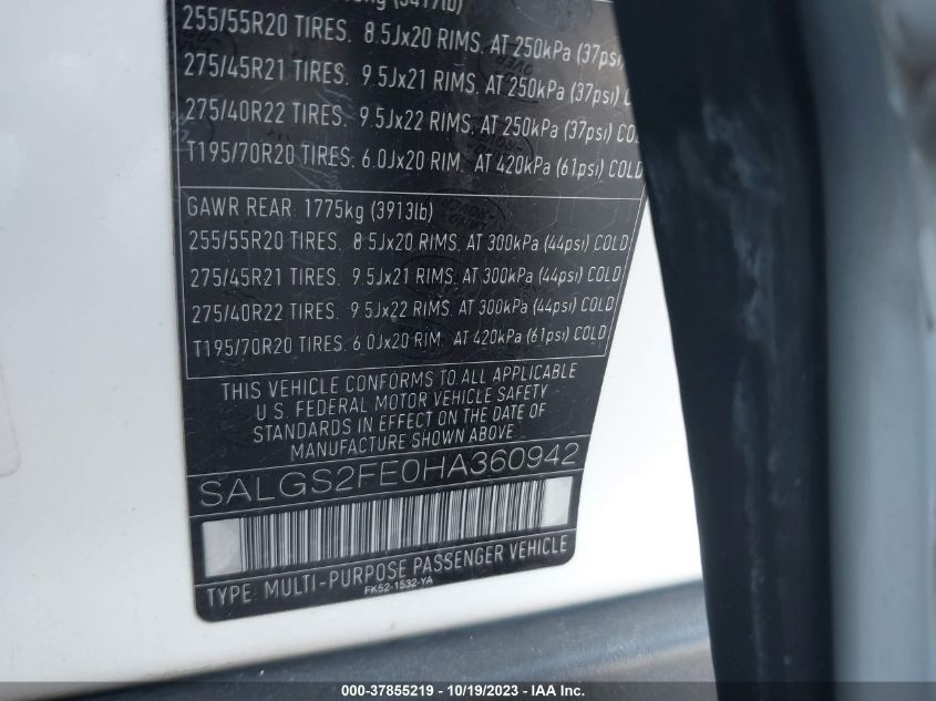 VIN SALGS2FE0HA360942 2017 LAND ROVER RANGE ROVER